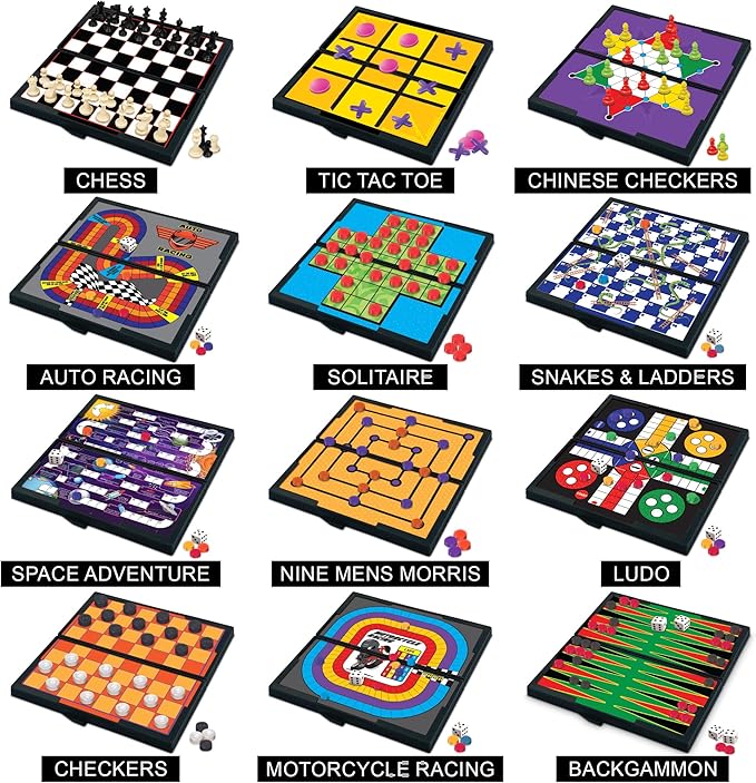 Gamie Magnetic Board Travel Games for Kids, Set Includes 12 Retro Fun Games - 5" Compact Design - Individually Boxed - Teaches Strategy & Focus, Great for Road Trip/Travel/Camping, Gift for Ages 6+