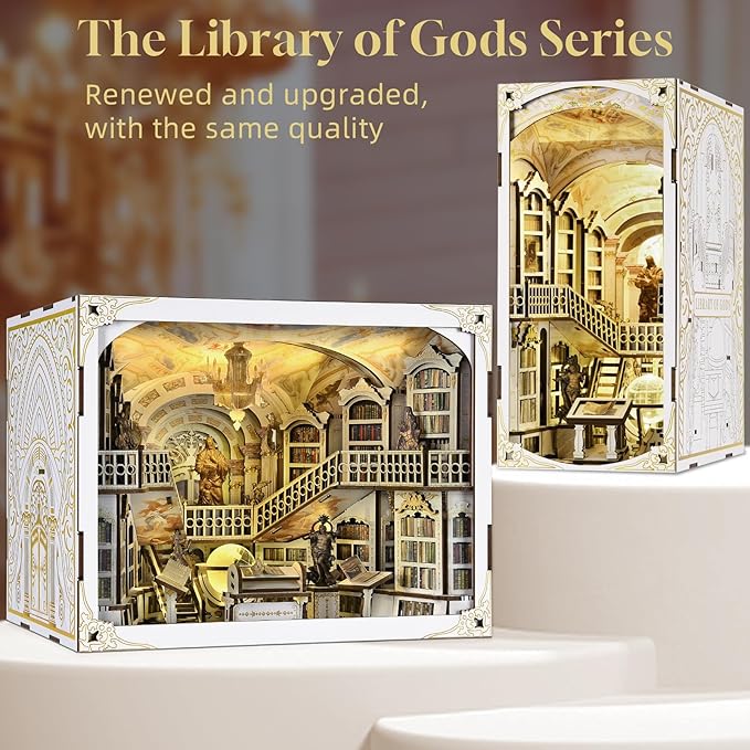 DIY Book Nook Kit, Miniature Dollhouse Booknook Kit, 3D Wooden Puzzle Bookend Bookshelf Insert with LED Light for Teens and Adults(Library of Gods Max)