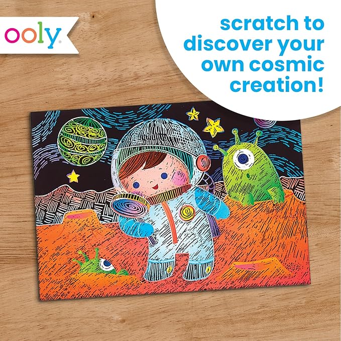 Ooly Scratch & Scribble 10pc Art Kit with 8 Total Scratch Cards (4 Illustrated, 2 Blank, 2 Rainbow) with Scratching Tool and Sparkled Stickers, Art Set Gifts for Kids - Space Explorers