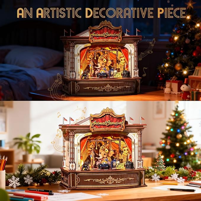 CUTEBEE 3D Puzzles Wooden Theater for Adults - DIY Music Box Rotating Miniature House Kit Model Building Set with LED Light, Home Bookshelf Decor, Unique Birthday Gifts (Animal Carnival)
