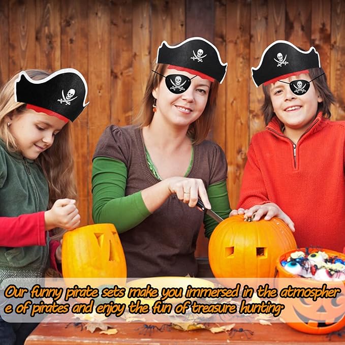Legigo 18 Pcs Funny Pirate Party Set- Include 6 Pirate Hats, 6 Eye Patches, 6 Inflatable Swords for Pirate Party Cosplay Caribbean Dress Accessories