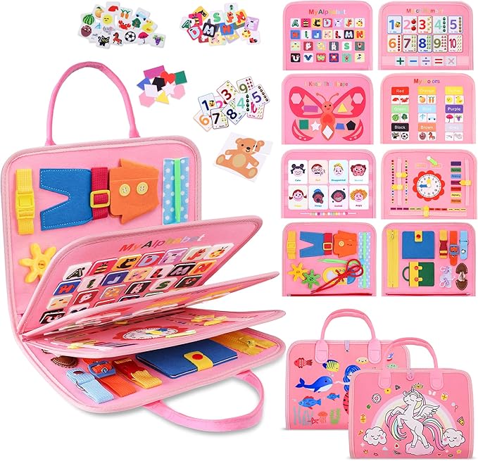 Busy Book Toddler, Montessori Busy Board, Activity Sensory Toys 2025 for Toddler Girls Christmas Birthday Gift, Educational Learning Quiet Book for Kids, Travel Toy for Airplane Car