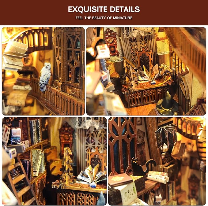 Book Nook Kit, DIY Dollhouse Booknook Bookshelf Insert Decor Alley, DIY Book Nook Miniature Kit with Lights, 3D Wooden Puzzle Decorative Bookend Miniature Model Kits for Adults