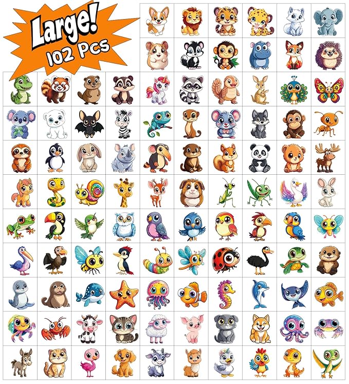 JCFIRE Larger Temporary Tattoos For Kids, 102 Styles Mixed Cute Animals Stickers Birthday Party Favors for Kids 3-5 4-8, Goodie Bag Stuffers Party Supplies Decoration Gifts Activities Games Christmas