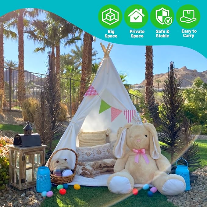 Sumbababy Teepee Tent for Kids Indoor - Natural Canvas Kids Play Tent - Washable Tipi Sleepover Tents with Lights & Carry Bag, Outdoor Toddler Tents for Girls & Boys - Foldable Playroom Gift Toys