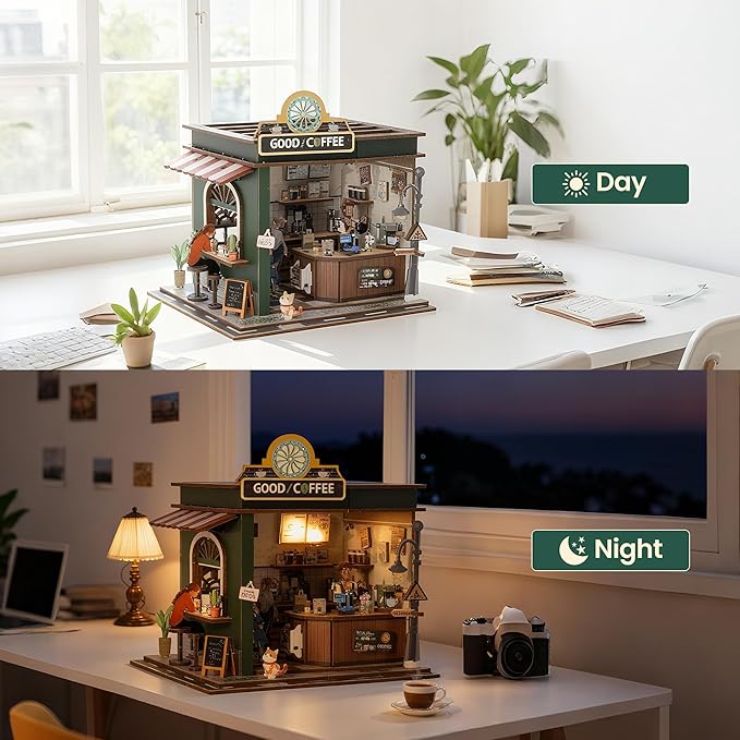 Book Nook Kit - DIY Miniature House Kit for Adults, Dollhouse Booknook Tiny House Bookshelf Decor 3D Wooden Puzzle Street Model, Ideal Gift for Book Lovers, Family, Friends (Coffee Shop)