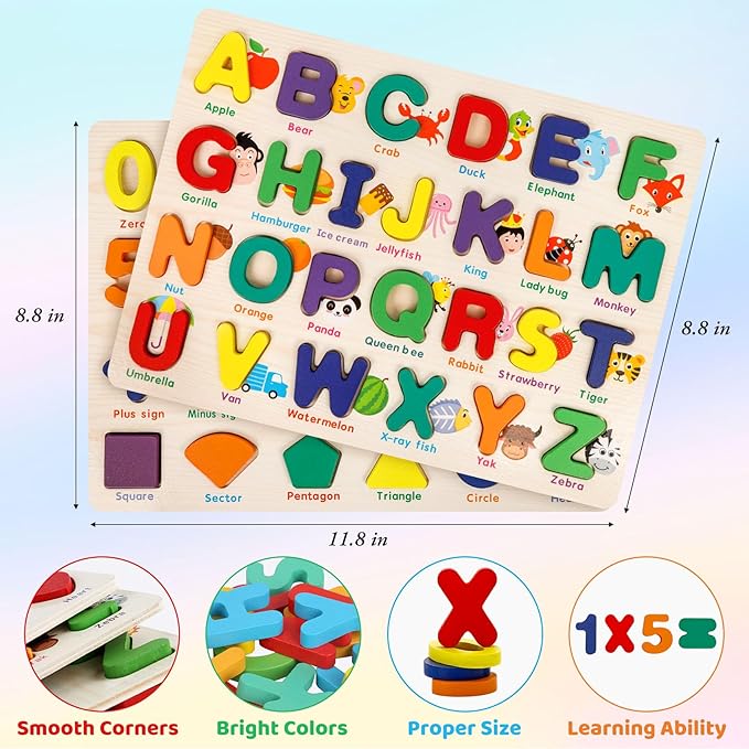 Attmu Alphabet Number Puzzle Wooden Puzzles for Toddlers 3 4 5 Year Old, ABC Puzzle Shape Alphabet Learning Puzzles Toys with Puzzle Board & Letter Blocks Preschool Educational for Girls Boys Set of 2