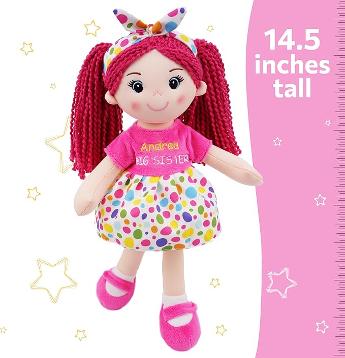 June Garden Personalized Best Big Sister Sophie - Soft Cuddly Plush Doll Gift for Girls - Huggable Rag Doll - Customized Name