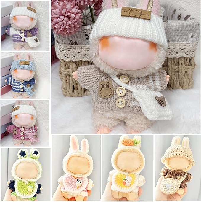 Clothes for 17cm Dolls Accessories Crochet 3 Piece Set Outfits for Doll(Beige Sweater)