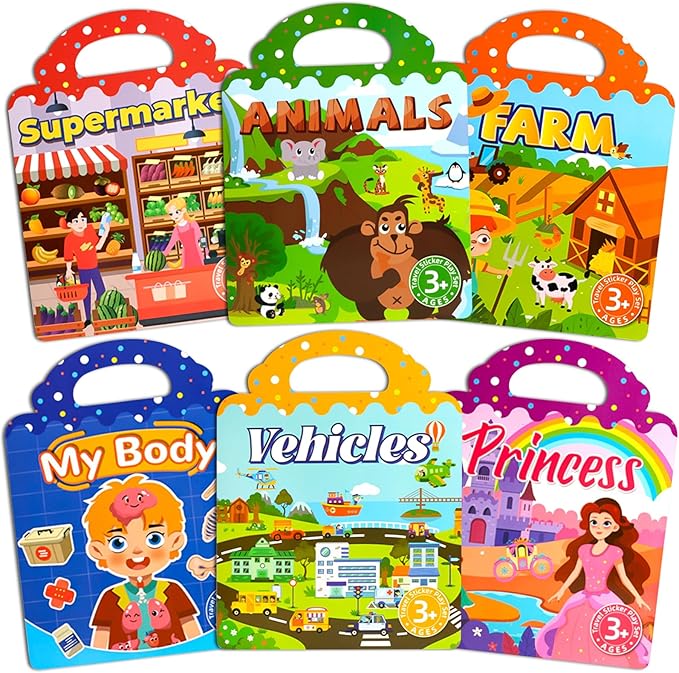 ASTARON 6 Pack Reusable Sticker Book, 3D Stickers for Toddlers 3-4 Years, Portable Travel Toys and Busy Book for Kids 3 4 Year Old Girls Boys