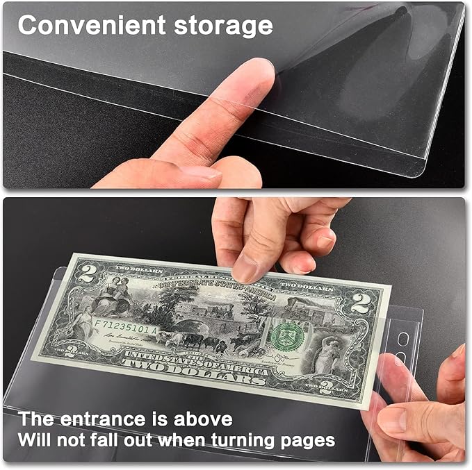 12 Sheets Paper Money Collection Supplies Pages, Currency Collecting Book Album Sleeves, 36 Pocket Money Stamp Page Holders for Standard 9-Hole Coin Collector Binder, 3 Pockets/Sheet