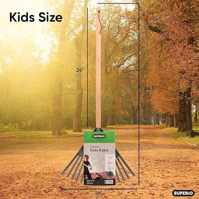 Orange Kids Size Rake, Kids Rake for Lawn with Hardwood Handle, Durable Plastic Head to Sweep Leaves on Lawn and Tidying Up The Garden, 34" by Superio