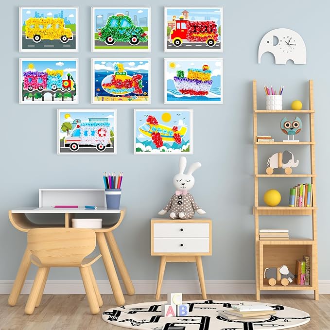 8PCS Poke-in Craft and Art Kit for Kid Transportation Vehicle Theme No-Mess Fabric Sewing Art Girl Boy 4-12 Puzzle Puncture Painting Truck Car Toy Gift Creative Activity Game Birthday Party