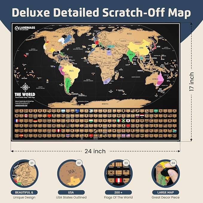Landmass Scratch Off World Map, Deluxe Travel Tracker with Flags, Detailed Cartography, Gift Idea for Travelers, Wall Art, Home or Office Decor, 17x24 Inches