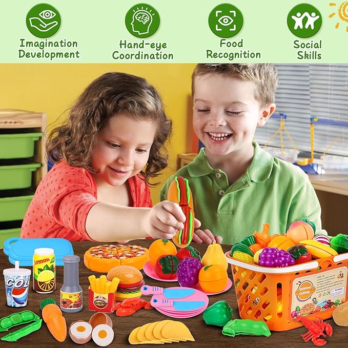 92PCS Play Food Set for Kids, Pretend Play Toys for Play Kitchen & Toddlers Learning, Food Toys with Cutting Fruits & Vegetables, Fake Food Gift Kitchen Playset for Kids Ages 3+
