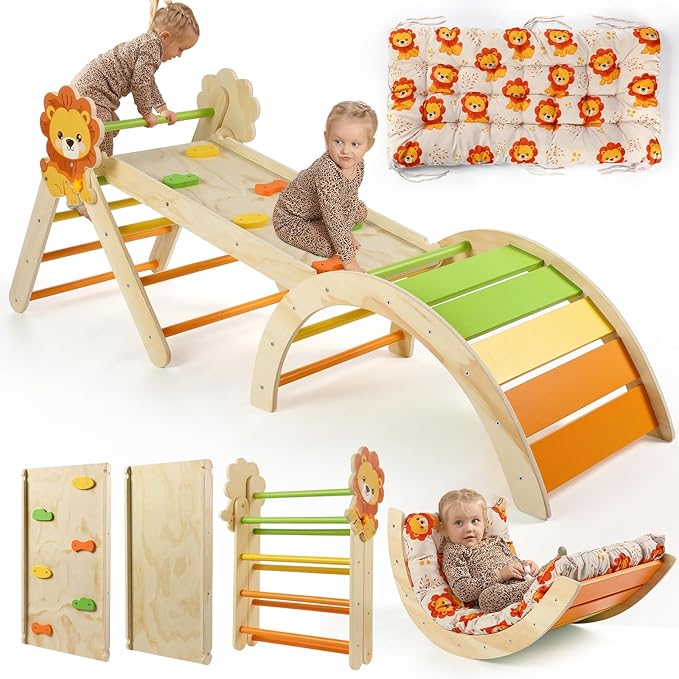 Pikler Triangle Set with Cushion, 7 in 1 Toddler Climbing Toys Indoor, Montessori Foldable Climbing Set, Wooden Climbing Toys for Toddlers 1-3 Inside with Ramp, Arch and Ladder (Lion)