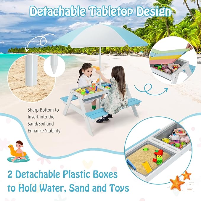 HONEY JOY Kids Picnic Table, 4 in 1 Cedar Wooden Sand & Water Table w/ 2 Removable Box & Umbrella, Kids Picnic Tables for Outdoors Backyard Garden, Toddler Patio Furniture Set for Boys Girls(Blue)