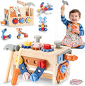 REXBETI Kids Tool Set, 43Pcs Wooden Toddler Tool Bench with Electric Drill, Apron and A Pack Stickers(50pcs), Montessori Construction Toddler Tool Set