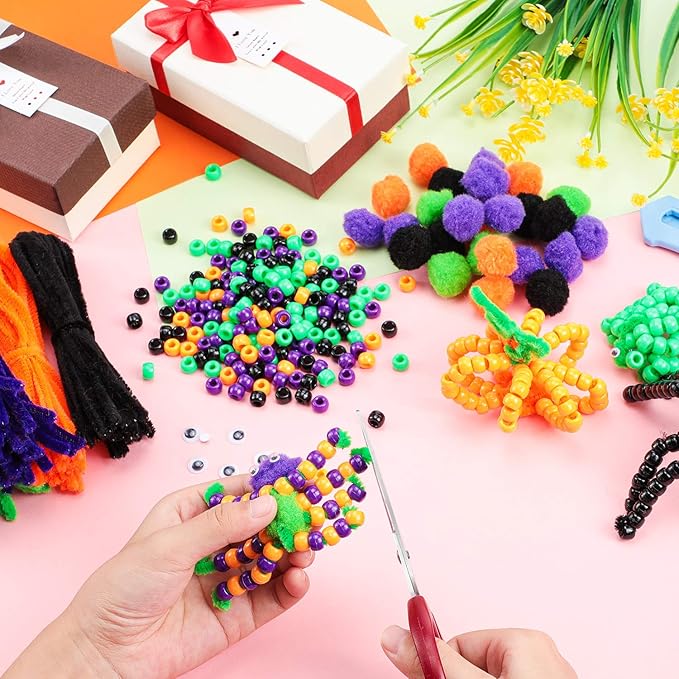 WILLBOND Halloween Pony Beads Plastic Beads Pipe Cleaners for Crafts Pompoms Chenille Stems and Wiggle Eyes for Halloween Party DIY Crafts Decorations Supplies Jewelry Making