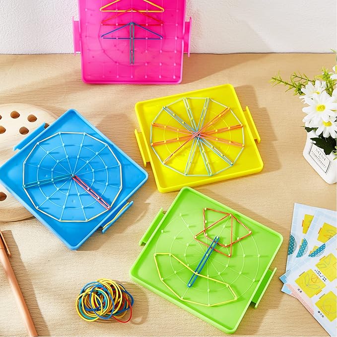 Deekin 50 Pcs Double Sided Geoboard Mathematical Kids Geoboards with Rubber Bands Math Manipulatives Toy for Geometry, 6.9 x 6.3 Inches Classroom Back to School