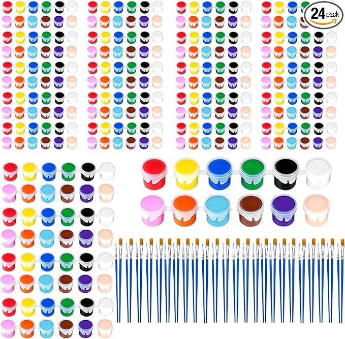 24 Pack Mini Acrylic Paint Set, 12 Colors Washable Acrylic Paint Strips with 24Pcs Painting Brushes for Kids&Adults Paint, 336 PCS Kids Painting Kit for Birthday Party Favor, Classroom, Art Gift