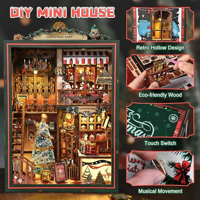 Christmas Shop,Book Nook Kit for Adults: Wooden 3D Puzzle DIY Miniature House Kit Tiny House with Lights and Music，Dollhouse Craft for Adults, Teens & Beginners，Gift for Family, Friends