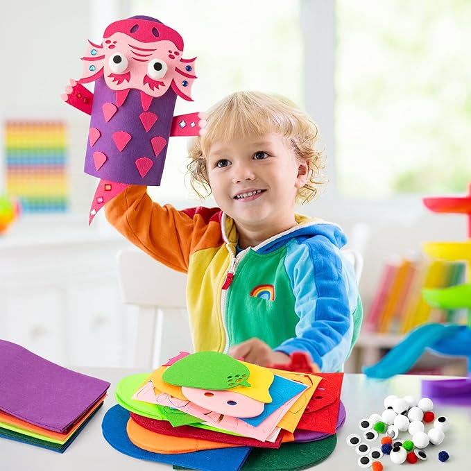 WATINC 12 Pcs Hand Puppet Making Kit, Art Craft Felt Sock Puppet Toys, Creative DIY Make Your Own Pompoms Wiggle Googly Eyes Storytelling Role Play Party Supplies Gift for Girls Boys (Dinosaurs)