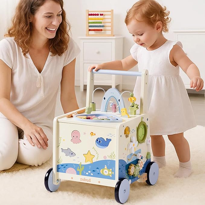 ROBUD Wooden Baby Push Walker, Marine Theme Learning Walking Toys, Adjustable Height Baby Walker with Decelerator, Montessori Toys for Baby Age 10 Months+, WRP23