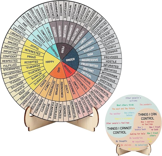 Feelings Wheel,Double Sided Mental Health Decor Emotion Wheel with Stand, Wooden Coping Wheel