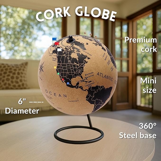 Mini Cork Globe 7.5" Tall | World Travel Map with Metallic & Colored Push Pins | 3D World Map Pin Board for Home or Office | Unique Gift for Travelers, Couples & Families Push Pins Map