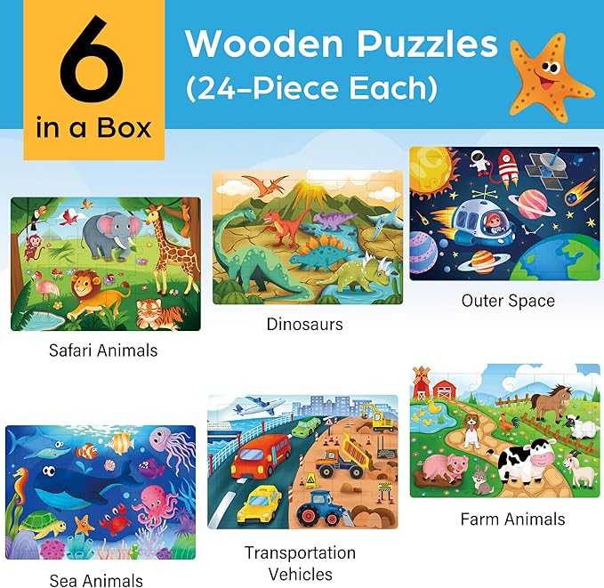 BenBen Puzzles for Kids Ages 4-6, 6 Pack 24 Piece Wooden Jigsaw Puzzles for Toddlers Ages 3-5, Preschool Learning Educational Toys for Boys Girls