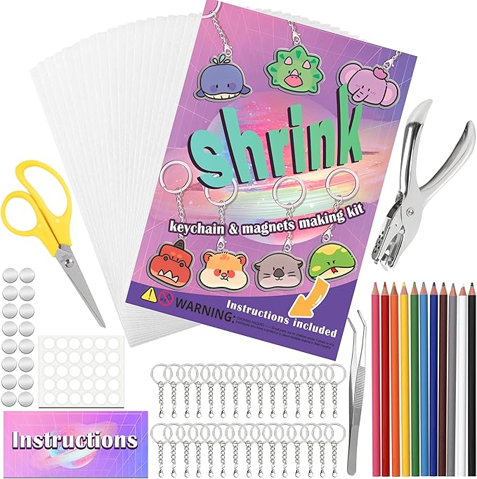 Vicentorra Shrinky Dink Sheets Keychain & Magnets Making Kit, Shrink Art Kit with 16 Plastic Sheets, Hole Punch, Pencils, Magnets, Tweezers, Keychains, Scissors, Paper Craft Kits