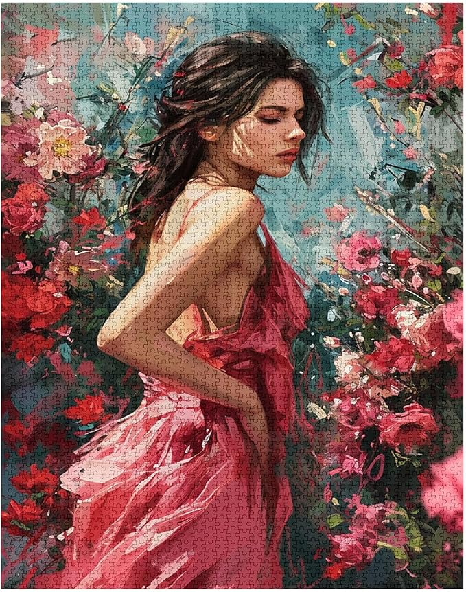 Pink Dress Women Puzzles for Adults 1000 Pieces Beautiful Girl 1000 Piece Jigsaw Puzzle - Pretty Girl Colorful Flowers Romantic Garden Puzzles Art Family Game, Adult Birthday Puzzle