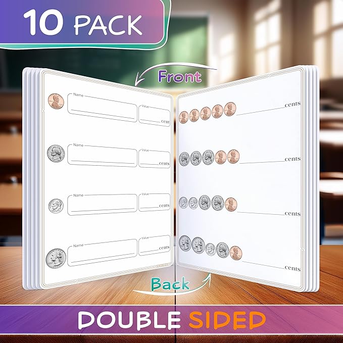 SCRIBBLEDO Coin Practice 9”x12” Small White Board Dry Erase Sheets Math Manipulatives 2nd Grade Money Learning Homeschool Supplies Teacher Students Classroom Pack of 10 Sheets