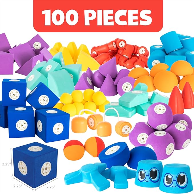 Blockaroo Magnetic Foam Building Blocks - 100-Piece Set with Storage Chest, Bath Toys for Toddlers, Preschool Toys, Bathtub Toys, Sensory Toys, Blocks for Toddlers 3-5, Engineering Toys for Kids 3-5