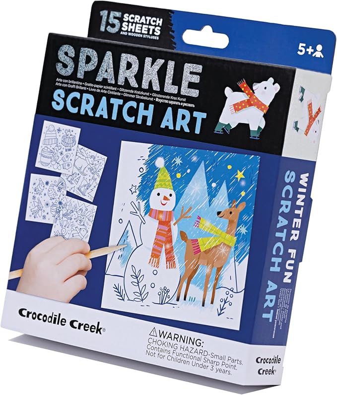 Crocodile Creek Winter Fun Sparkle Scratch Art for Kids - 16-Sheet Scratch Art Set with 10 Themed Sheets, 5 Blank Sheets, Stencil, and Stylus - Thoughtful Stocking Stuffers, Art Supplies for Kids