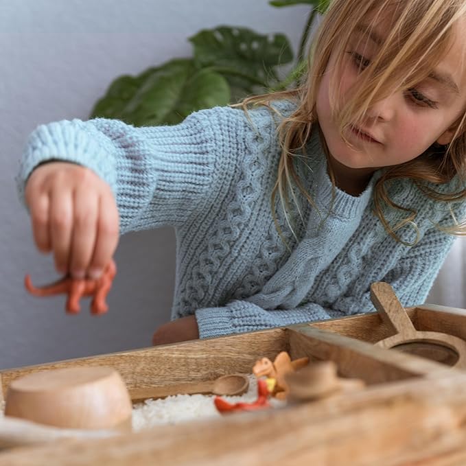 Wooden Sensory Play Bin Set – Montessori Fine Motor & Tactile Exploration Kit with Wooden Tools, Natural Mango Wood