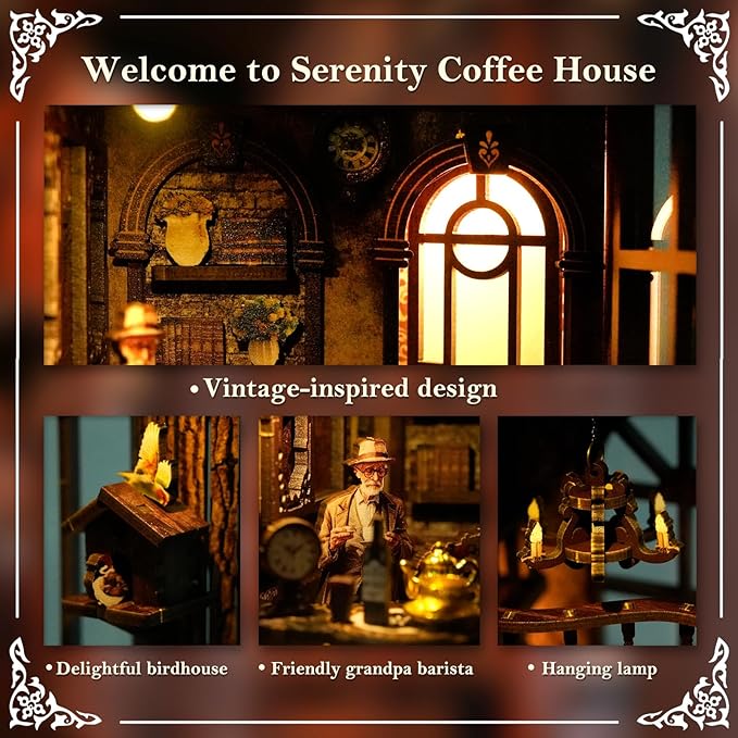 DIY Book Nook Kit Wooden Bookshelf Miniature Serenity Coffee House Kit 3D Wooden Puzzles Bookends Miniature House Kit Book Nook Bookshelf Insert Decor with LED Lights Wood Crafts for Adults