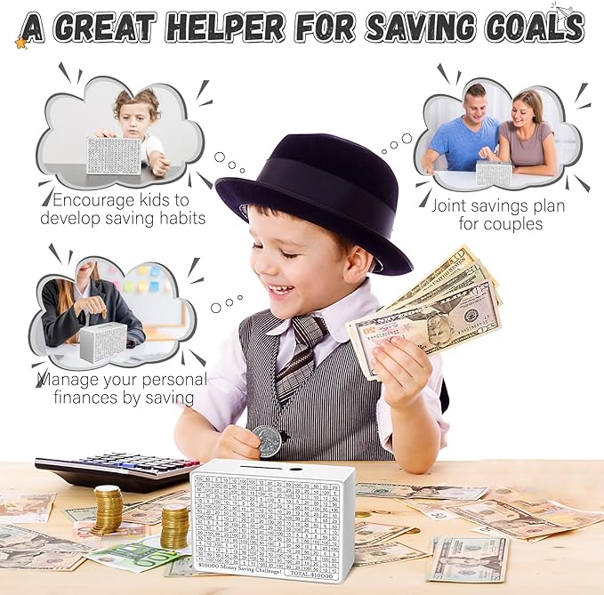 Wooden Money Saving Box, Cash Savings Box for $10000 $5000 $3000 $1000 $800 $500 Target Money Saving Challenge, Money Box with Counter/Dry Erase Pen/Savings Trackers/Rubber Band -White