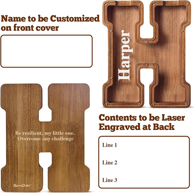 Summidate Customized Name Extra Large Wooden Piggy Bank for Kids Boys Girls Letter A-Z Coins Bills Money Change Bank Box Clear Cover (Laser Engraved) Educational Toys 12"- Letter H
