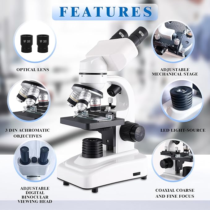 Binocular Microscope for Adults Kids Students, 64X-6000X Microscopes, 3 Objective Lens, Metal-Body Dual LED Illumination, Biological Compound Microscope Kit for School Lab, Homeschool