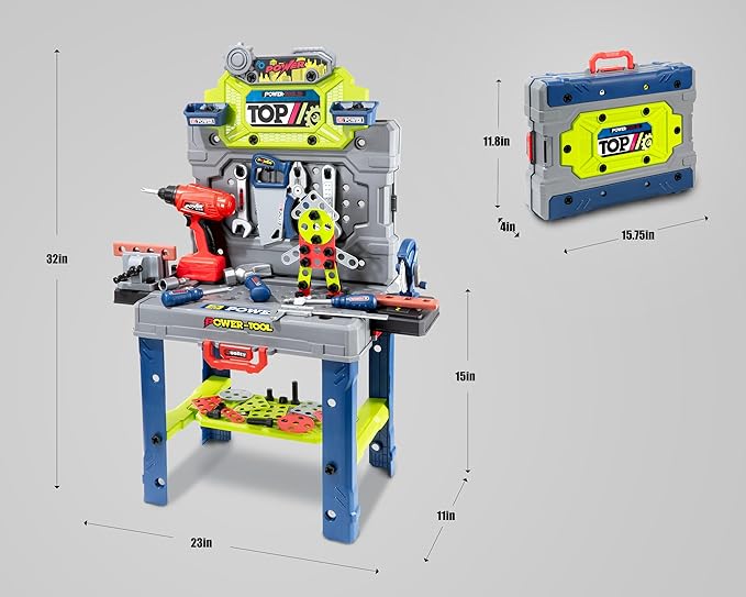 Kids Tool Kit，Kids Tool Bench STEM Engineering Playbench，32-inch Folding Workbench Set with 35+ Accessories, Electric Drill Toy & Tool Storage, Creative Construction Playset for Boys Girls Ages 3-5