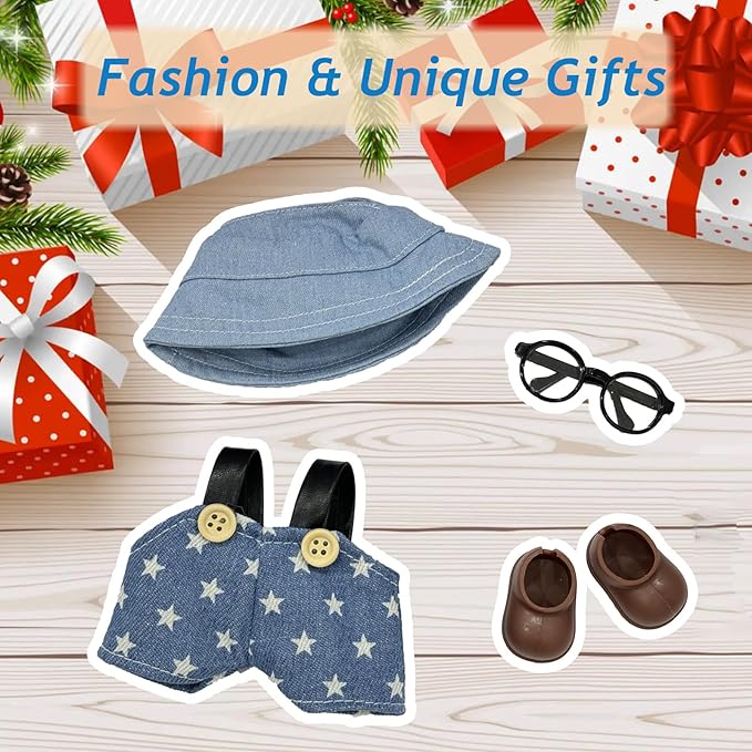 17cm Doll Clothes, Outfits Set for 17cm Doll, 4 Piece Set Glasses Hat Shoes Overalls, Stylish Adorable Dolls Clothes Accessories (No Doll)