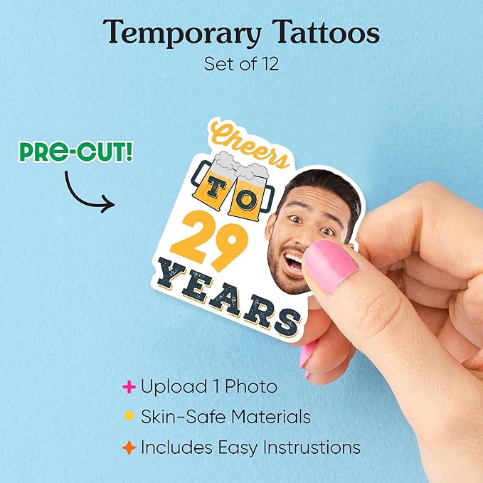 Big Dot of Happiness Custom Photo Cheers and Beers Happy Birthday - Birthday Party Favors - Fun Face Temporary Tattoos - Set of 12