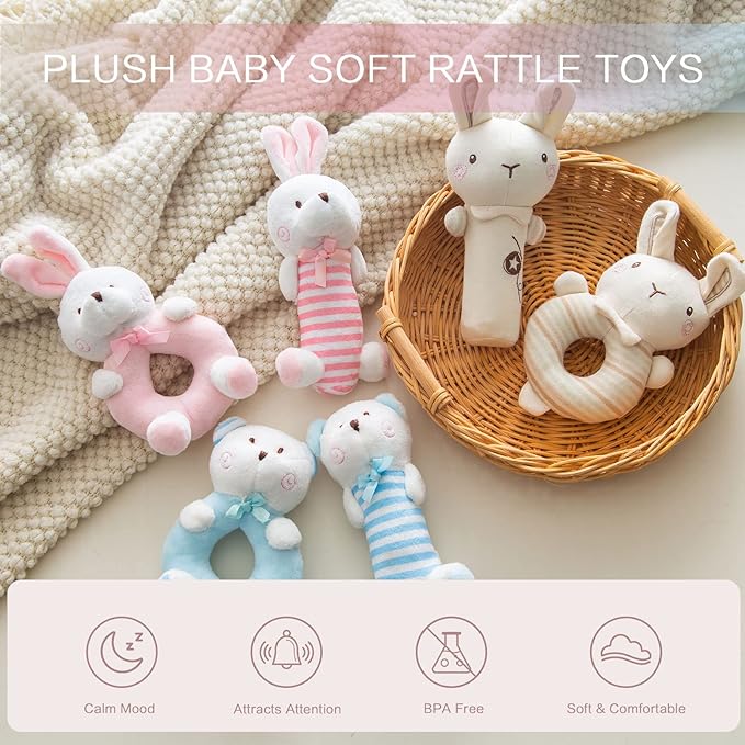 Plush Baby Soft Rattle Toys, Pink Bunny for Infants, First Stuffed Animal Shaker Set for Newborns, Soft Ring Sensory Toys for Infant Boys Girls, Baby Shower Gifts, 2 PCS