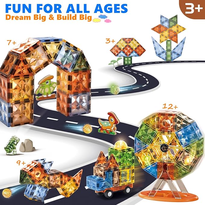 Magnetic Tiles 110PCS - 3D Lighted Magnet Building Blocks for Kids,Creative Dinosaur Toys Educational Sensory Stack STEM Construction Toys for Kids Ages 3 4 5 6 8 10+ Year Old Boys Girls
