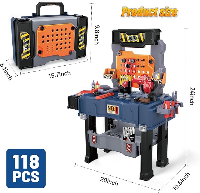 Kids' Tool Bench with 118 Realistic Pieces, Electric Drill & Stickers - Pretend Play Learning Gift for Boys & Girls Age 3-5