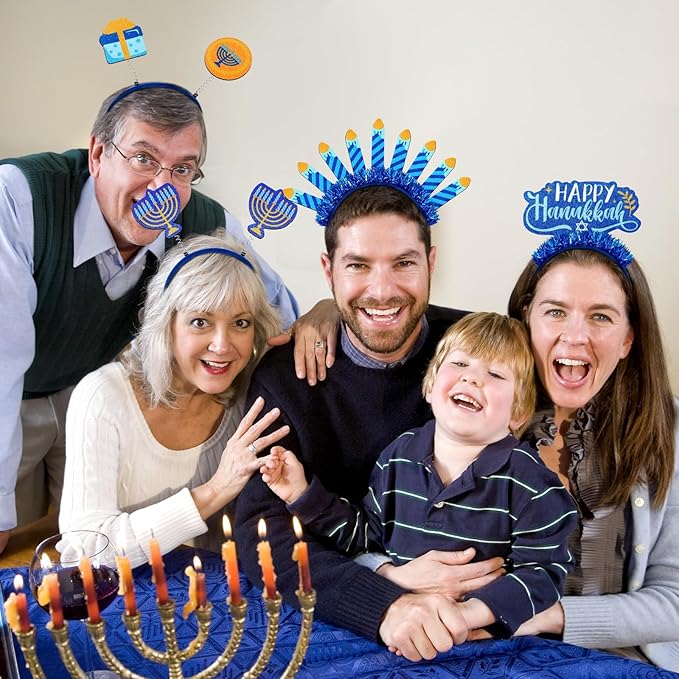 CiyvoLyeen Hanukkah Headbands 8 Pcs Gnome Menorah Dreidel Decorations Festive Head Hat Toppers Photo Booth Chanukah Party Favors Supplies Gifts Blue