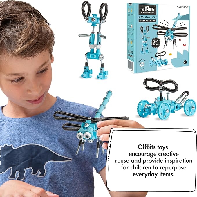 The Off Bits Erector Set: Animal Mini STEM Toys for Kids 6+, Toy Building Sets with Nuts & Bolts, STEM Building Toys Gifts for Boys and Girls (Blue Dragonfy)