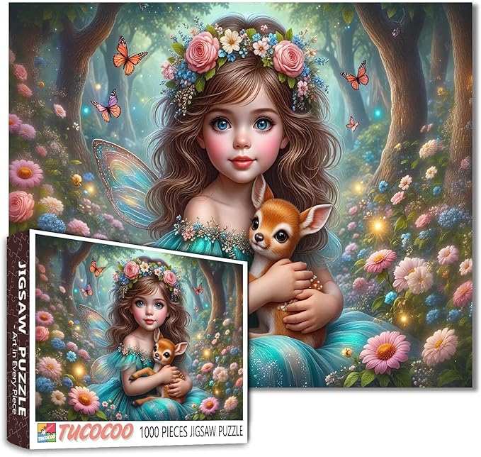 Tucocoo Enchanted Forest 1000 Piece Puzzle for Adults, Magical Fairy Girl and Fawn, Woodland Fantasy Scene Puzzles, Challenging Jigsaw for Relaxation, DIY Art Puzzle Gift Home Decor (20"x27")